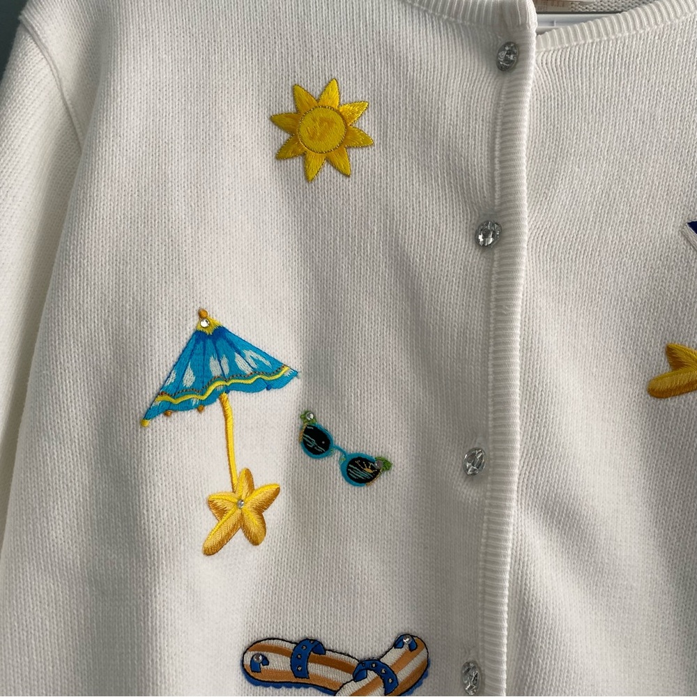Tia Designs White Flip Flop Beach Embroidered Button Front Cardigan Sz L - Picture 3 of 10